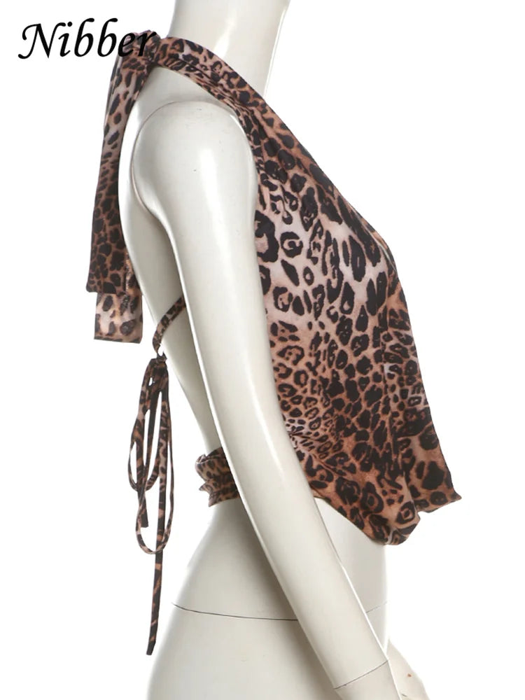 Nibber Halter Backless Tank Tops Women Sexy Hipster Swing Collar Leopard Print Summer Trend Lace-Up Chick Wild Streetwear Vest