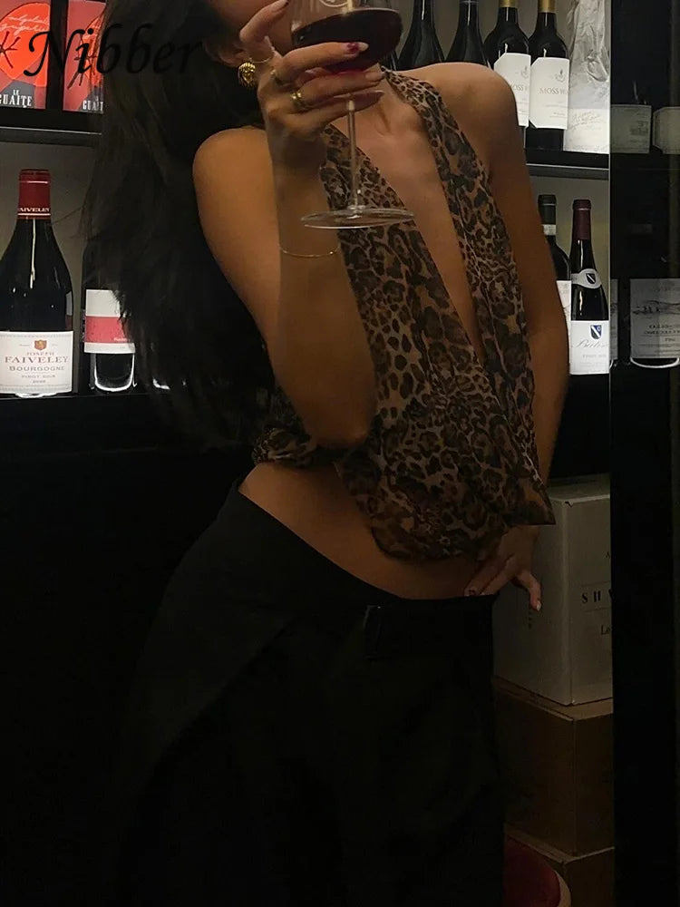 Nibber Halter Backless Tank Tops Women Sexy Hipster Swing Collar Leopard Print Summer Trend Lace-Up Chick Wild Streetwear Vest
