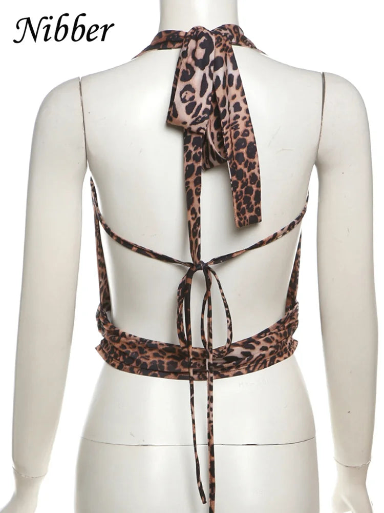 Nibber Halter Backless Tank Tops Women Sexy Hipster Swing Collar Leopard Print Summer Trend Lace-Up Chick Wild Streetwear Vest