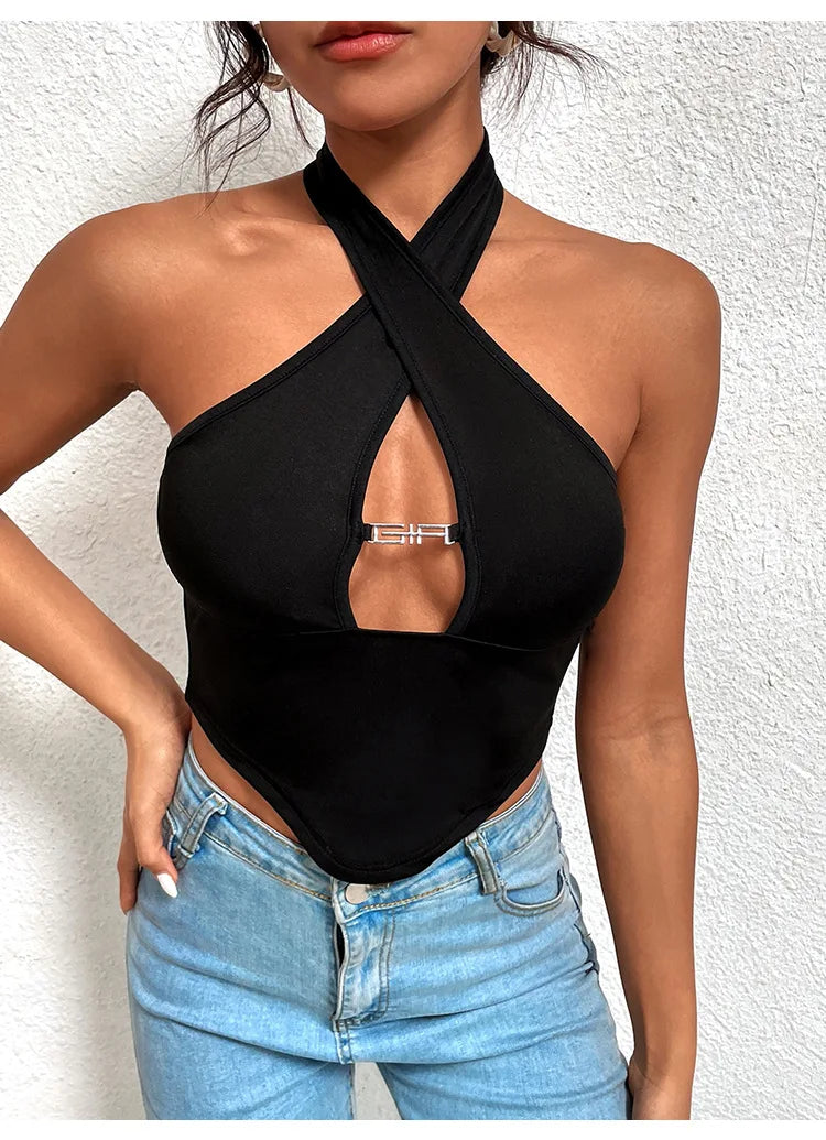 Sexy Off Shoulder Cross Bandage Hollow Out Halter Crop Tops Women Tank Top Sleeveless Cropped Vest Camisole Tube Top Female