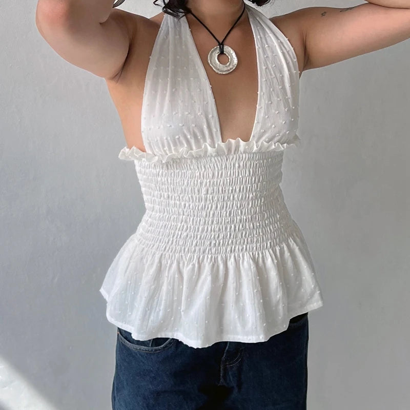 Women Backless Low Cut V-neck Peplum Tank Top Vintage Y2K Fairy Ruched Camisole Laides Summer Coquette Tie Up Halter Crop Top