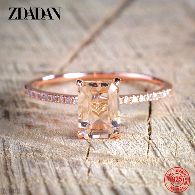 ZDADAN 925 Sterling Silver 2pcs 18K Rose Gold Square Zircon Rings For Women Wedding Jewelry