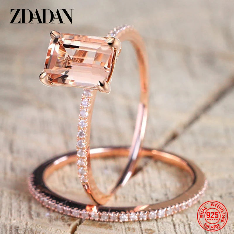 ZDADAN 925 Sterling Silver 2pcs 18K Rose Gold Square Zircon Rings For Women Wedding Jewelry