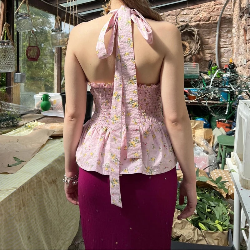 Women Backless Low Cut V-neck Peplum Tank Top Vintage Y2K Fairy Ruched Camisole Laides Summer Coquette Tie Up Halter Crop Top