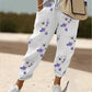 2024 Women Spring Summer Cropped Pants Elastic Waist Drawstring Retro Thin Flower Print Fashion Loose Stripe Pocket Pants