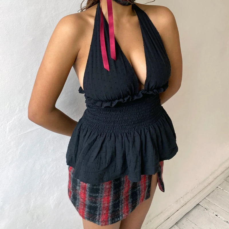 Women Backless Low Cut V-neck Peplum Tank Top Vintage Y2K Fairy Ruched Camisole Laides Summer Coquette Tie Up Halter Crop Top