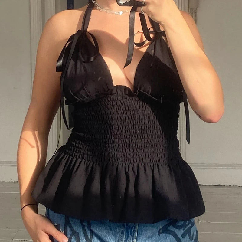 Women Backless Low Cut V-neck Peplum Tank Top Vintage Y2K Fairy Ruched Camisole Laides Summer Coquette Tie Up Halter Crop Top