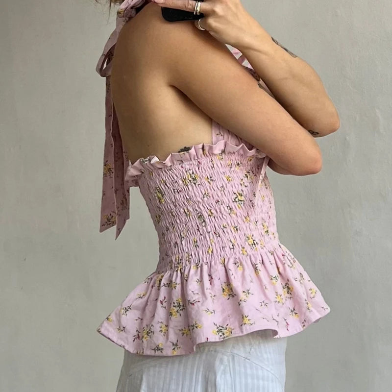 Women Backless Low Cut V-neck Peplum Tank Top Vintage Y2K Fairy Ruched Camisole Laides Summer Coquette Tie Up Halter Crop Top