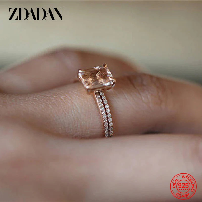 ZDADAN 925 Sterling Silver 2pcs 18K Rose Gold Square Zircon Rings For Women Wedding Jewelry