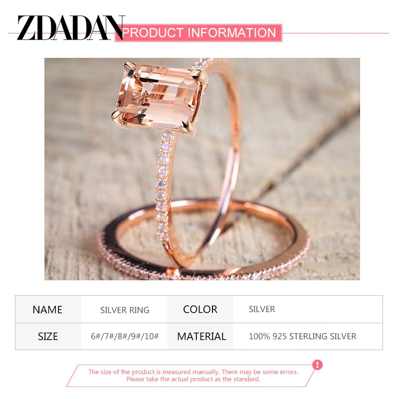 ZDADAN 925 Sterling Silver 2pcs 18K Rose Gold Square Zircon Rings For Women Wedding Jewelry